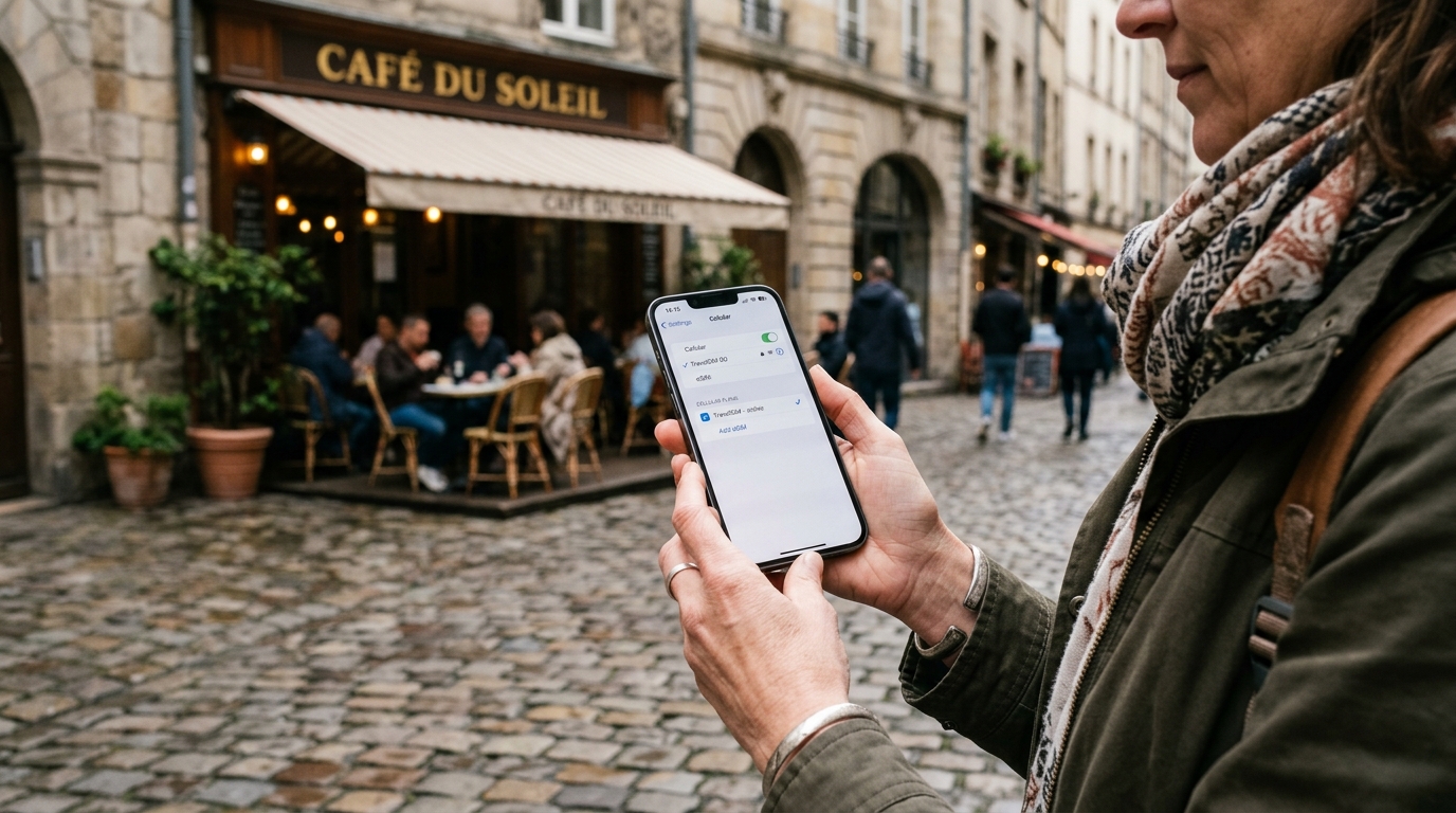 A close-up of a traveler holding an iPhone displaying an