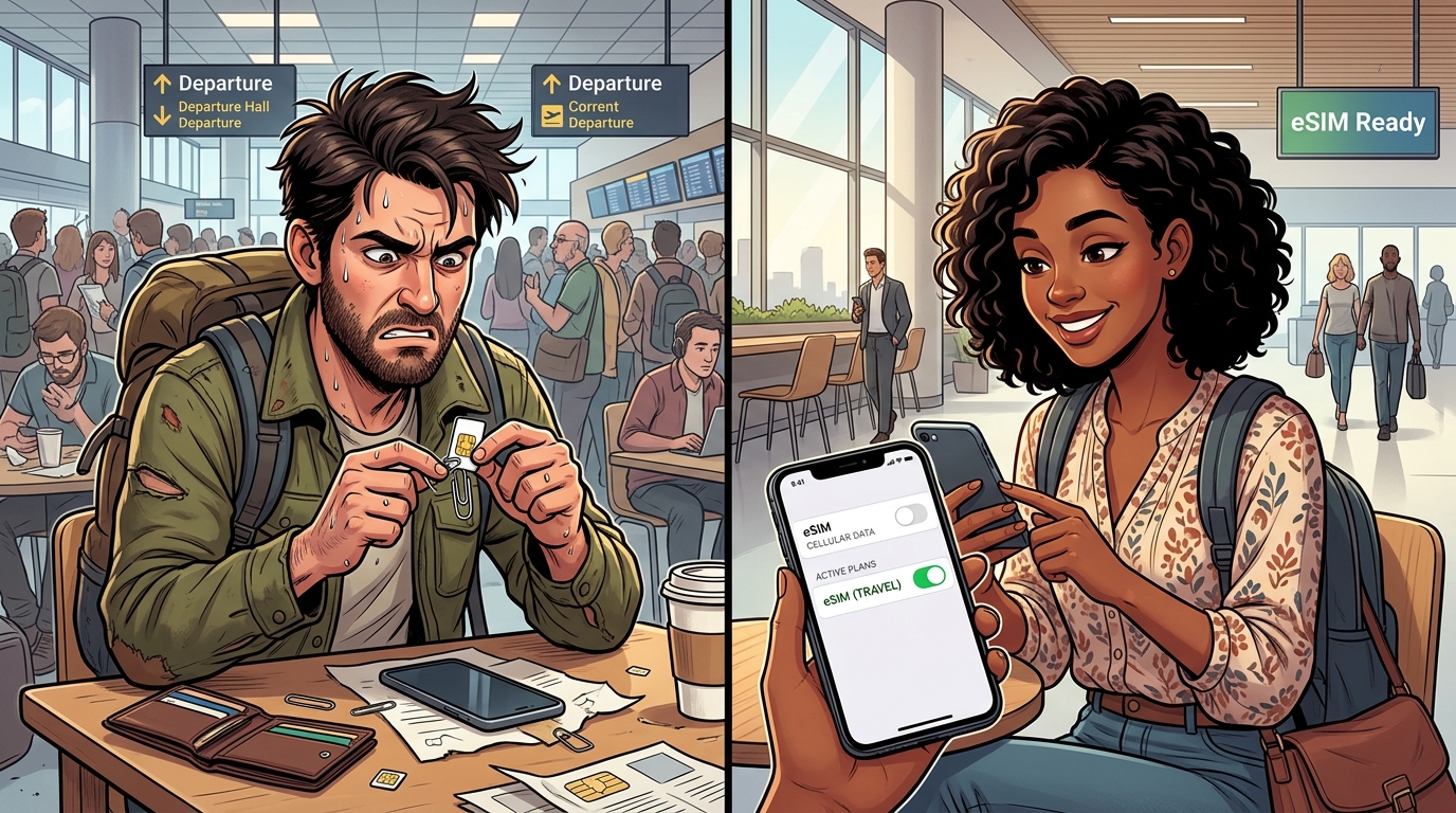 A split screen illustration showing a frustrated traveler untangling a