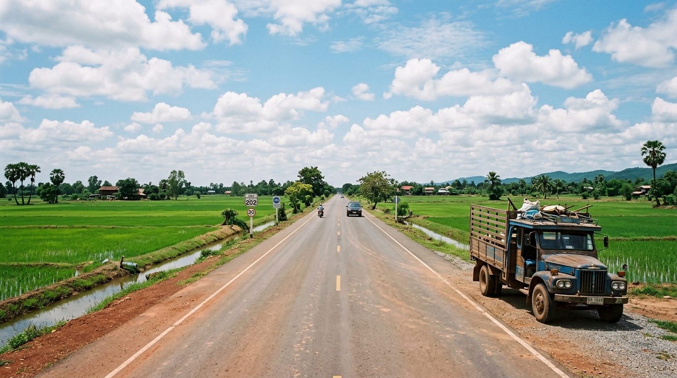 A dusty, straight two-lane highway in rural northeastern Thailand stretching