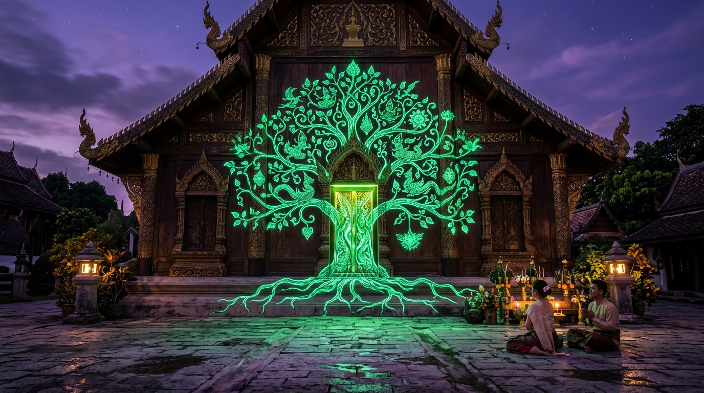 The rear wall of an ornate Thai temple at dusk.