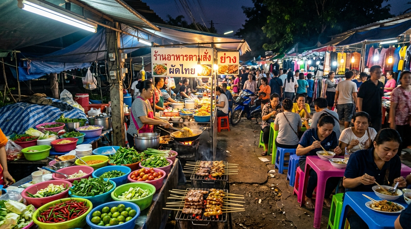 A vibrant, slightly chaotic local night market in rural Thailand.