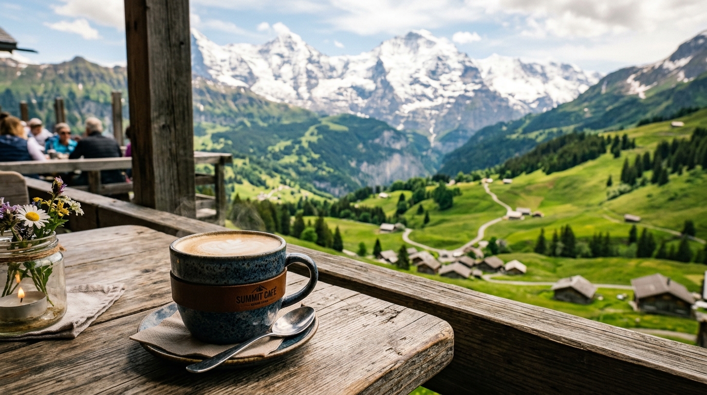 A close-up of a rustic wooden table at a small