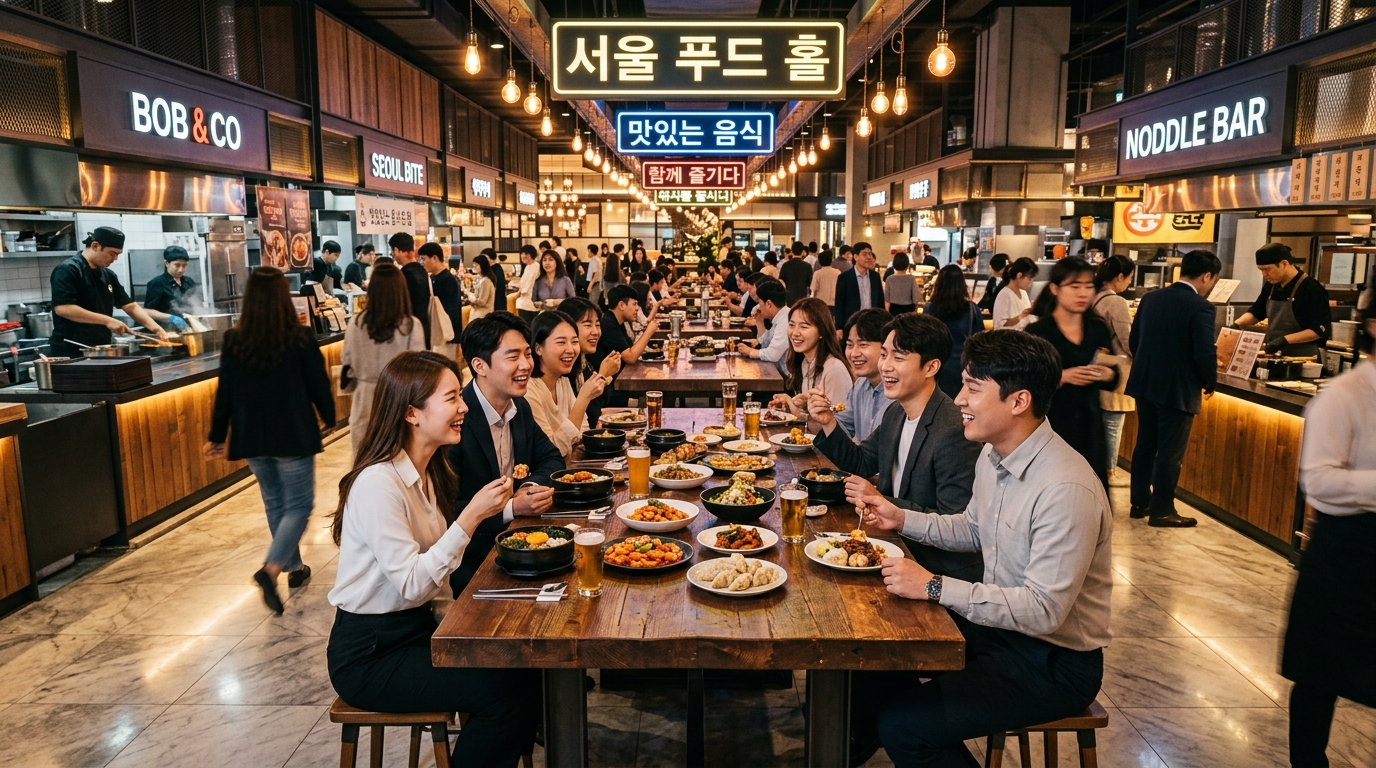 A vibrant, bustling, modern food hall in Seoul featuring sleek