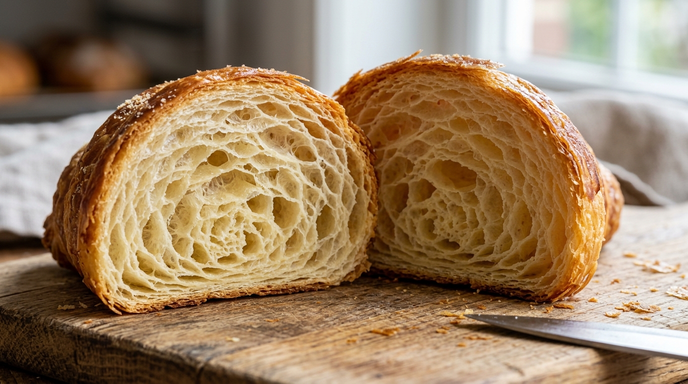 A close-up, high-definition shot of a croissant cross-section showing a