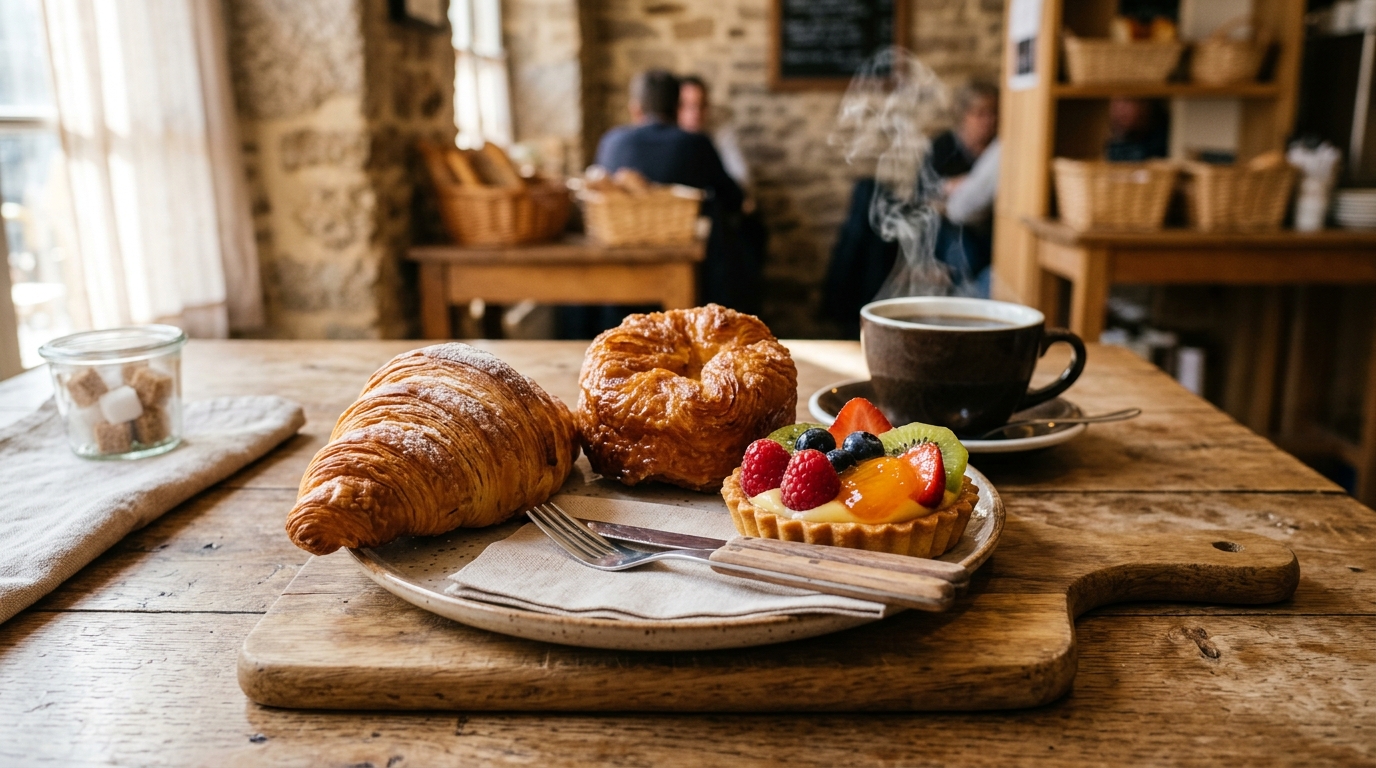 A rustic wooden table displaying a variety of French pastries