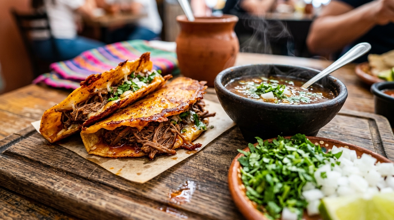 A vibrant, close-up shot of two crispy, golden-brown birria tacos