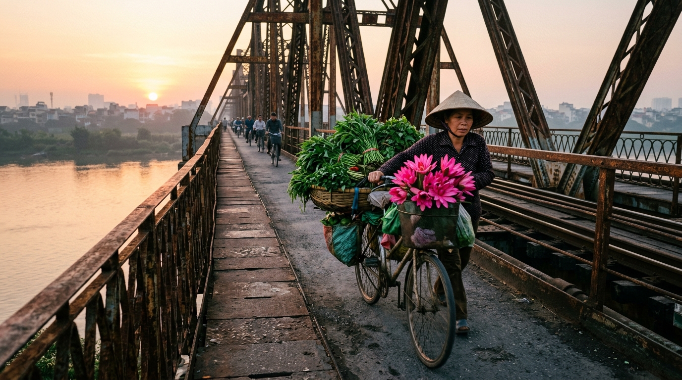 A local vendor pushing a heavily loaded bicycle full of