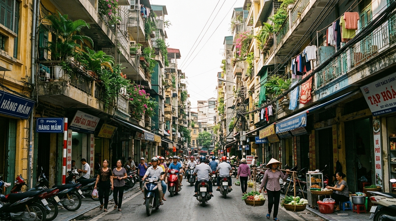 A narrow street in the Old Quarter lined with incredibly