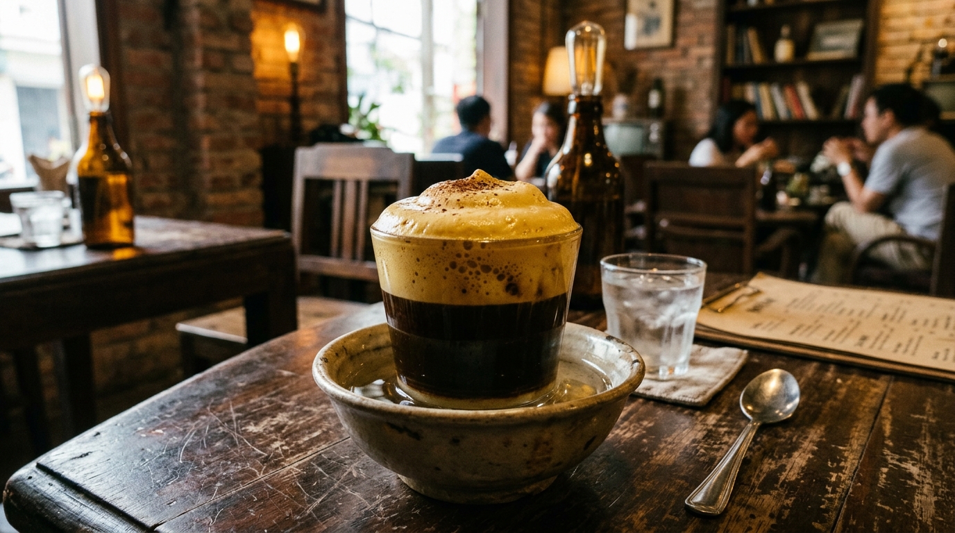A clear glass cup filled with dark espresso, topped heavily