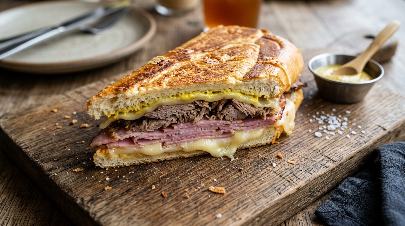 A close-up, high-angle shot of a pressed, golden-brown Cuban sandwich