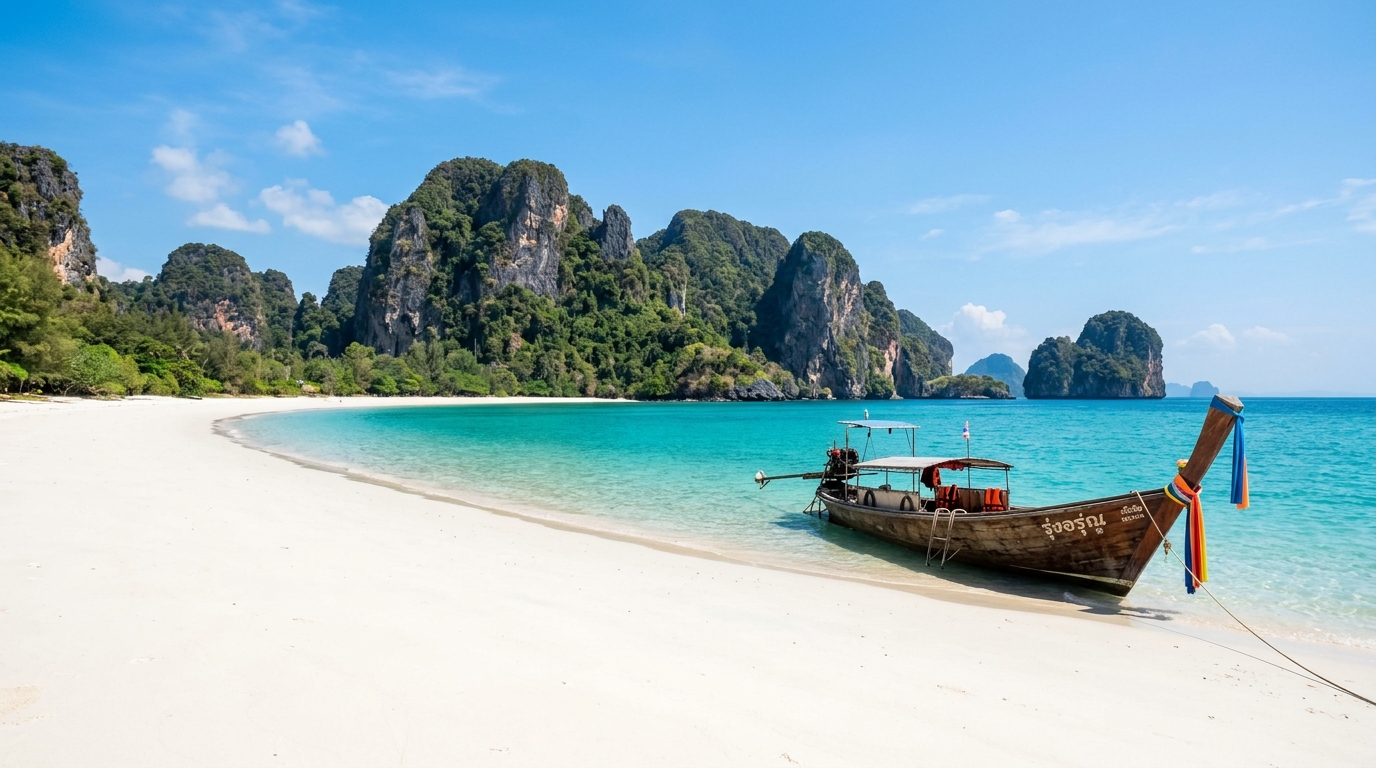 A wide shot of a traditional wooden longtail boat resting