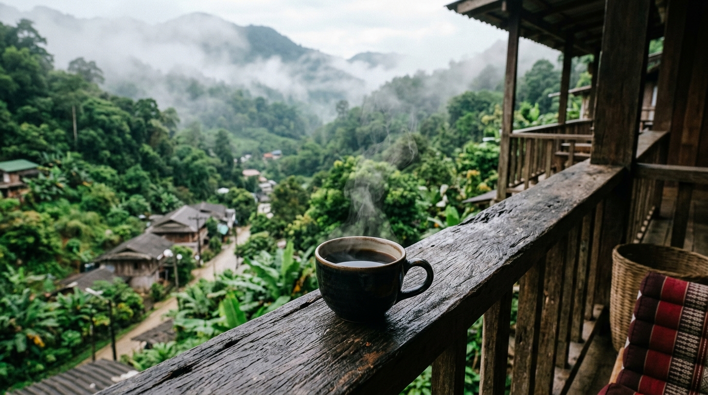 A steaming cup of dark coffee resting on a weathered