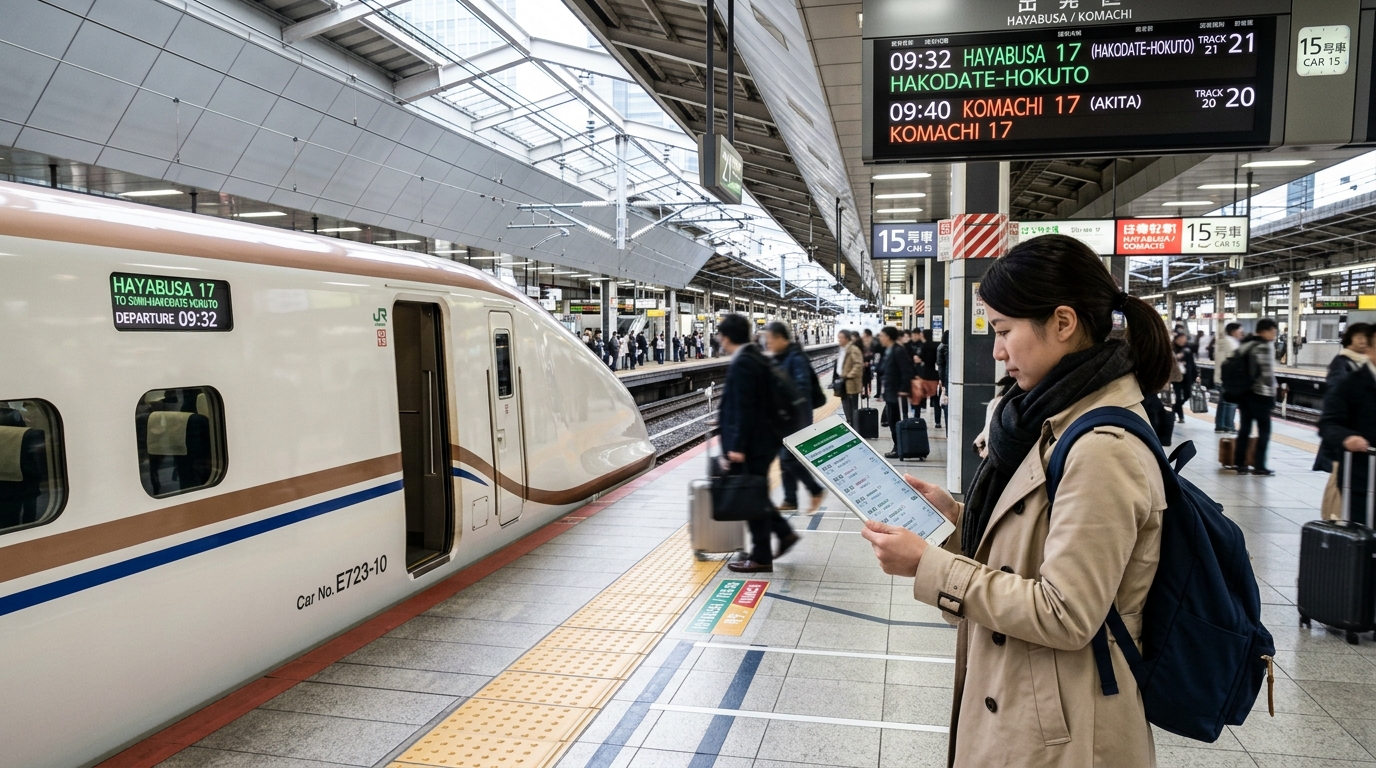 A sleek, white Shinkansen bullet train idling at Tokyo Station,