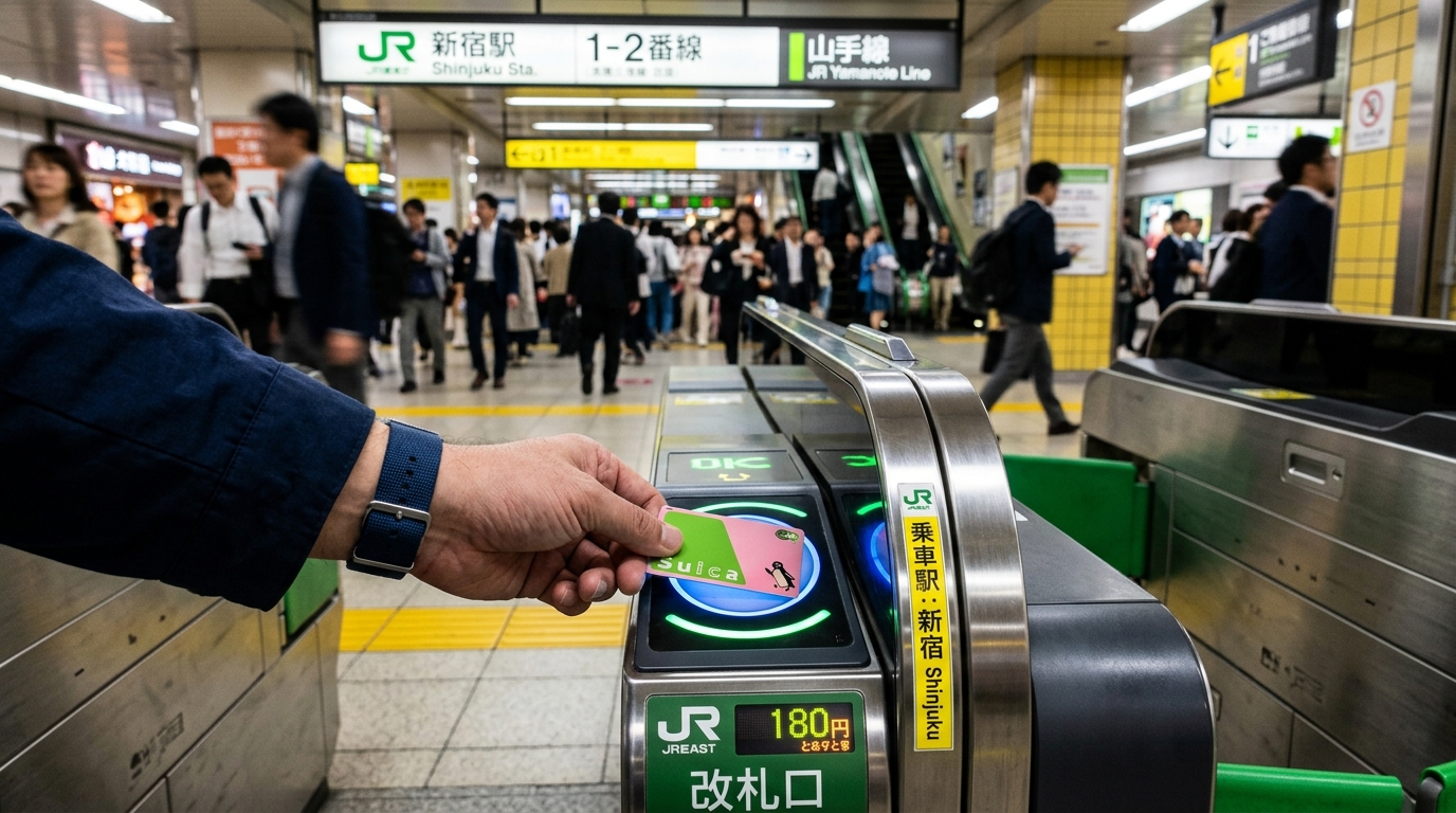 A close-up of a traveler's hand tapping an IC card