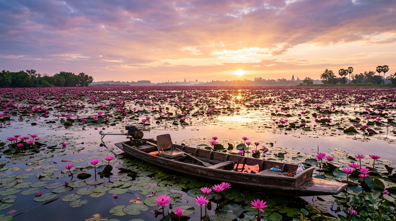 A wide landscape shot of the Red Lotus Sea (Talay