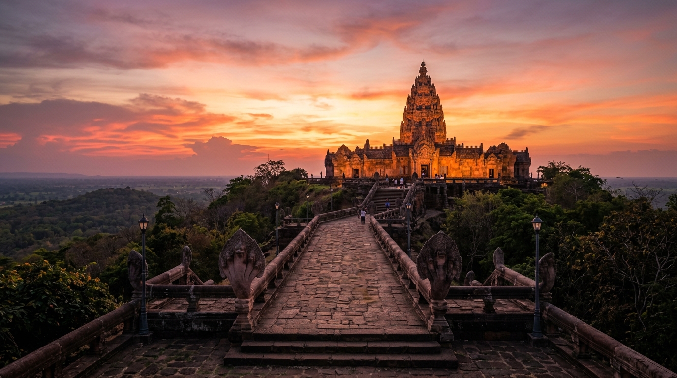 A striking sunset view of the ancient Khmer temple ruins