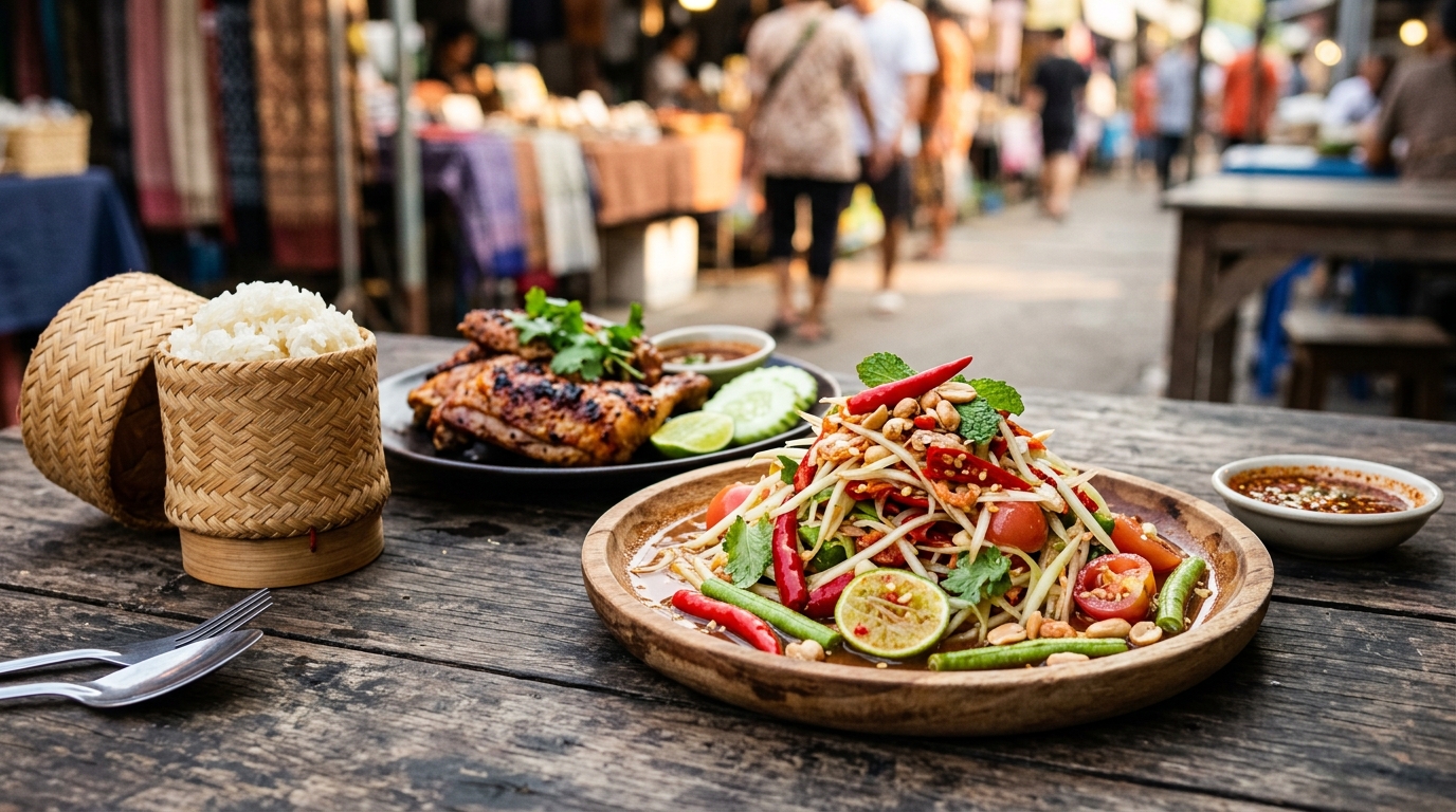 A close-up, highly detailed shot of traditional Isaan street food