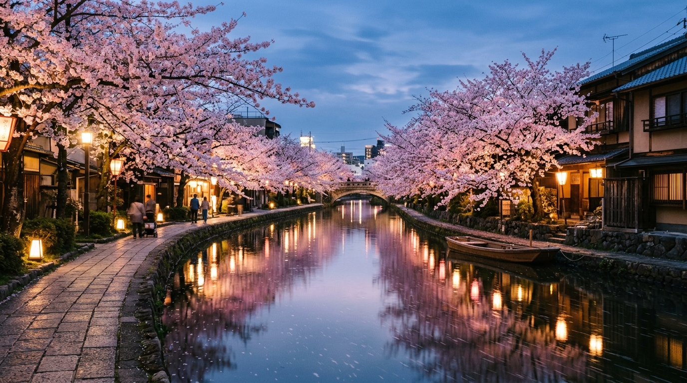 A calm canal in Tokyo lined with cherry trees at