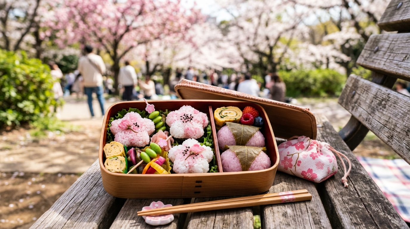 A neatly packed, colorful bento box with cherry-blossom themed rice