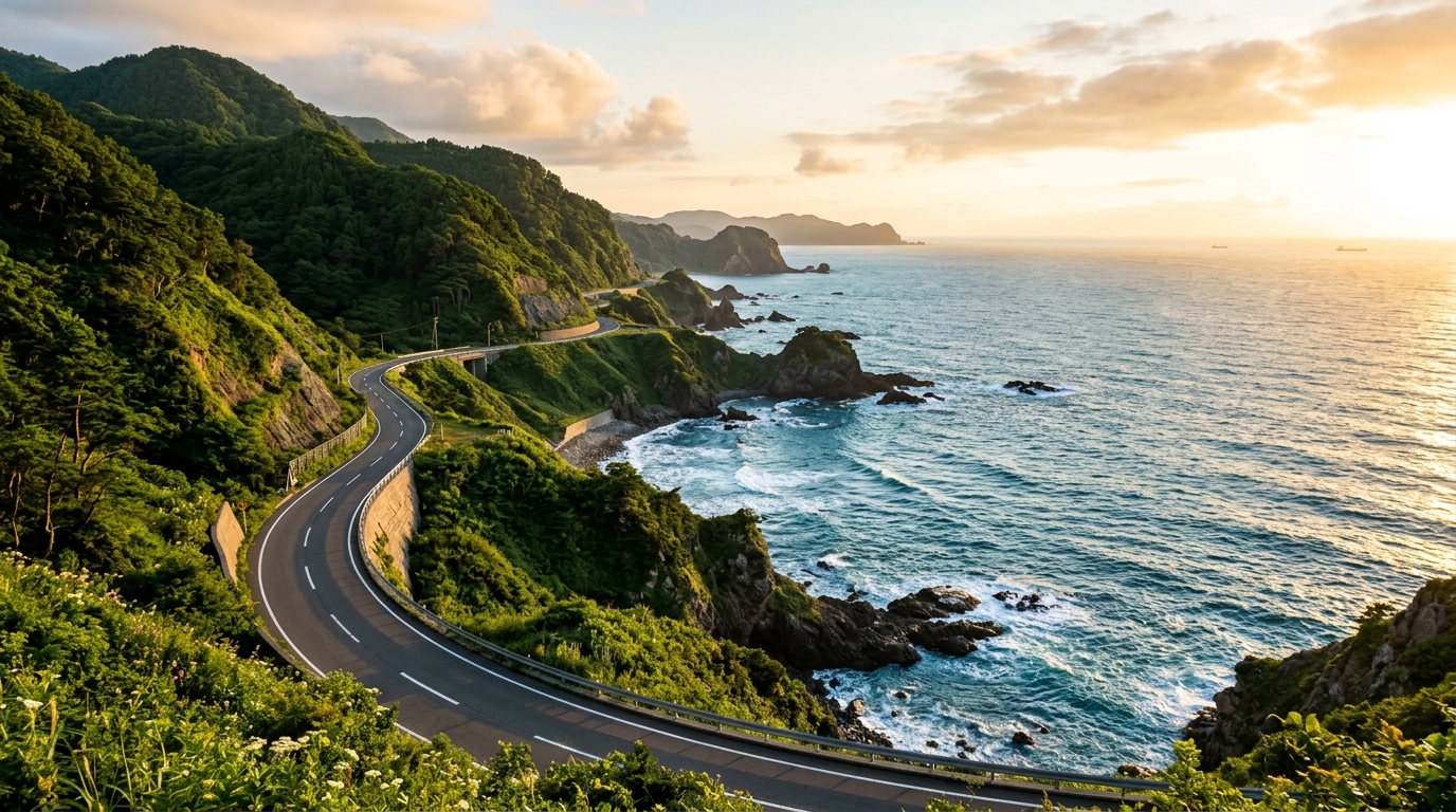A wide landscape shot showing a winding empty coastal road