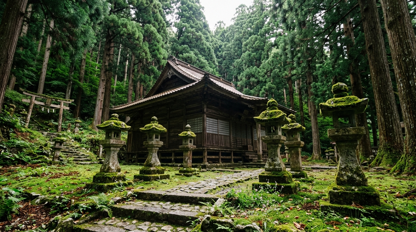 A low-angle view of a serene temple courtyard in rural
