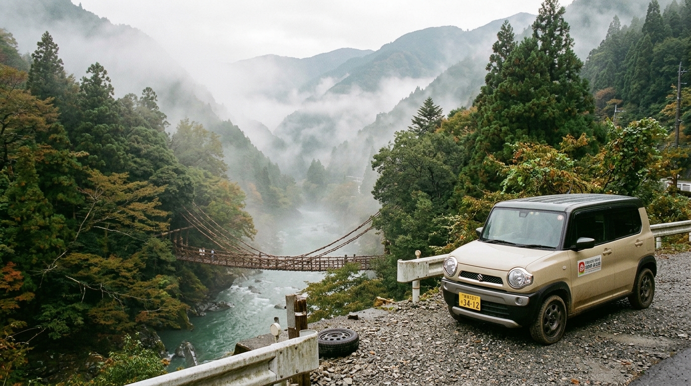 A small, boxy Japanese rental car parked on a gravel
