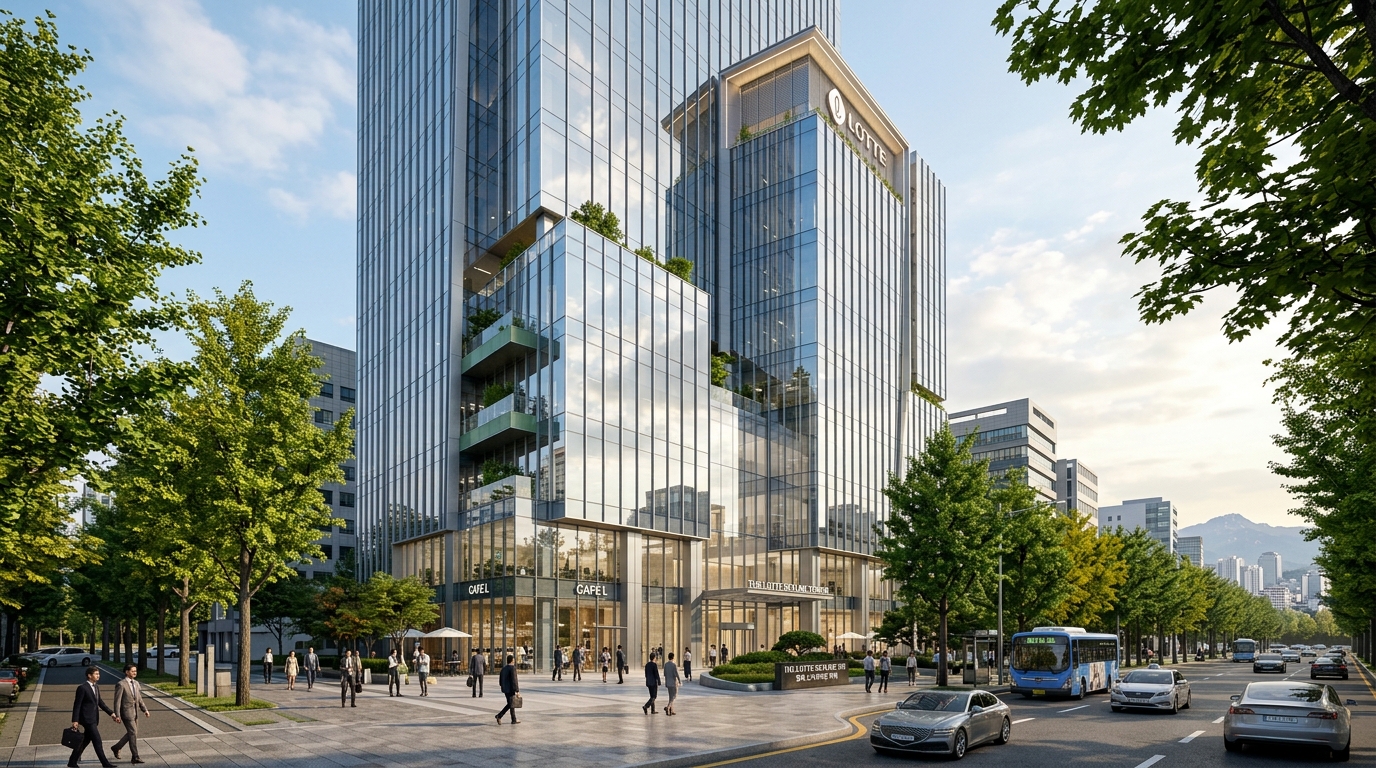 A sleek, modern architectural render of a glass-and-steel building on