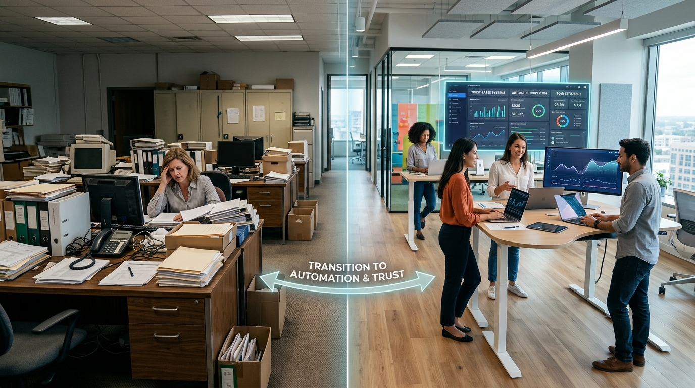 A clean, professional office setting with modern, high-tech aesthetic, illustrating