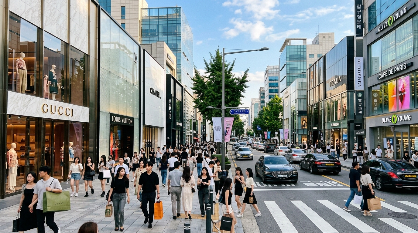 A bustling, modern street scene in Apgujeong Rodeo with high-end