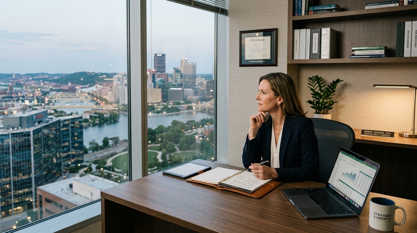A calm, professional office space looking out over a window,