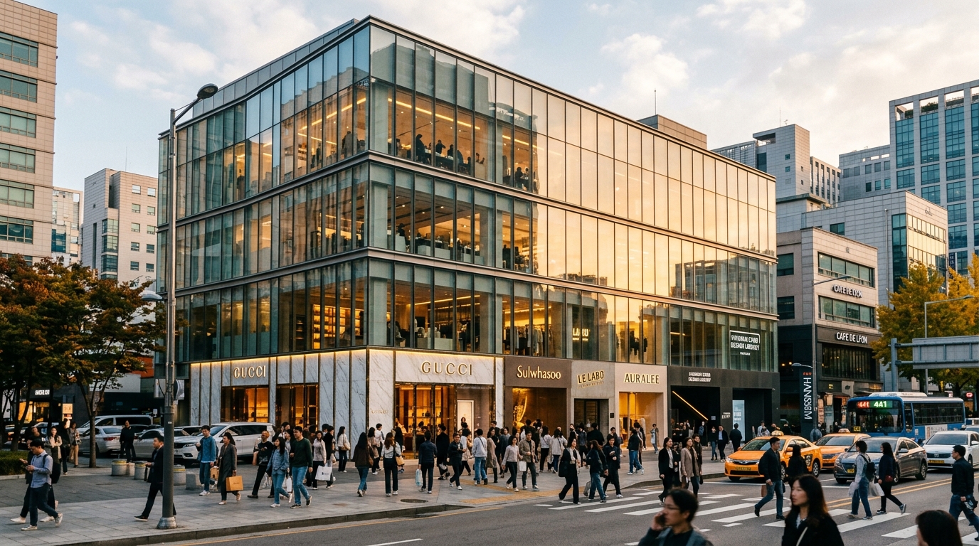 A sleek, modern four-story glass-fronted building in Seoul, bathed in