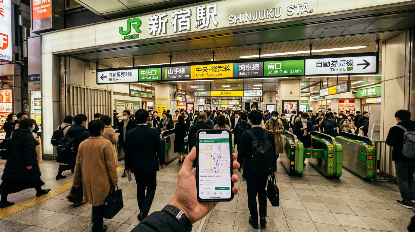 A first-person perspective of a bustling Tokyo train station entrance,