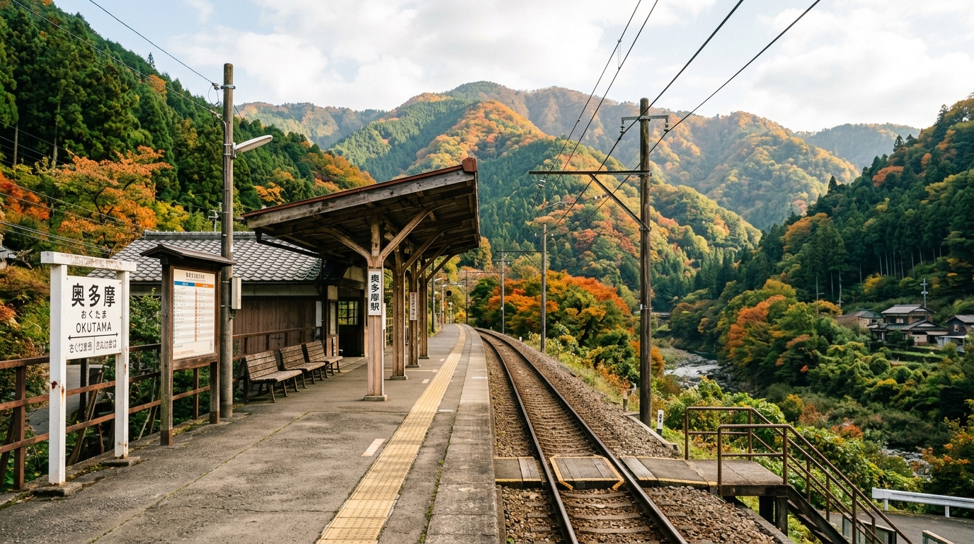 A serene, empty rural train station platform in the Japanese