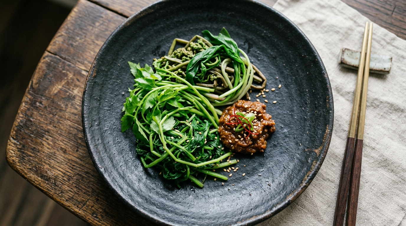A close-up, high-angle shot of an intricately plated, minimalist Korean