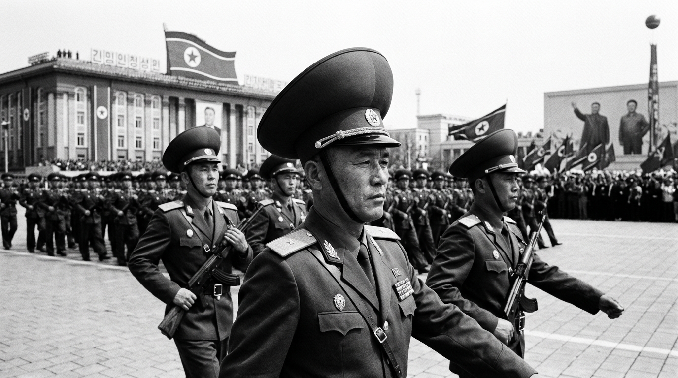 A high-contrast photograph of North Korean officers during a Pyongyang
