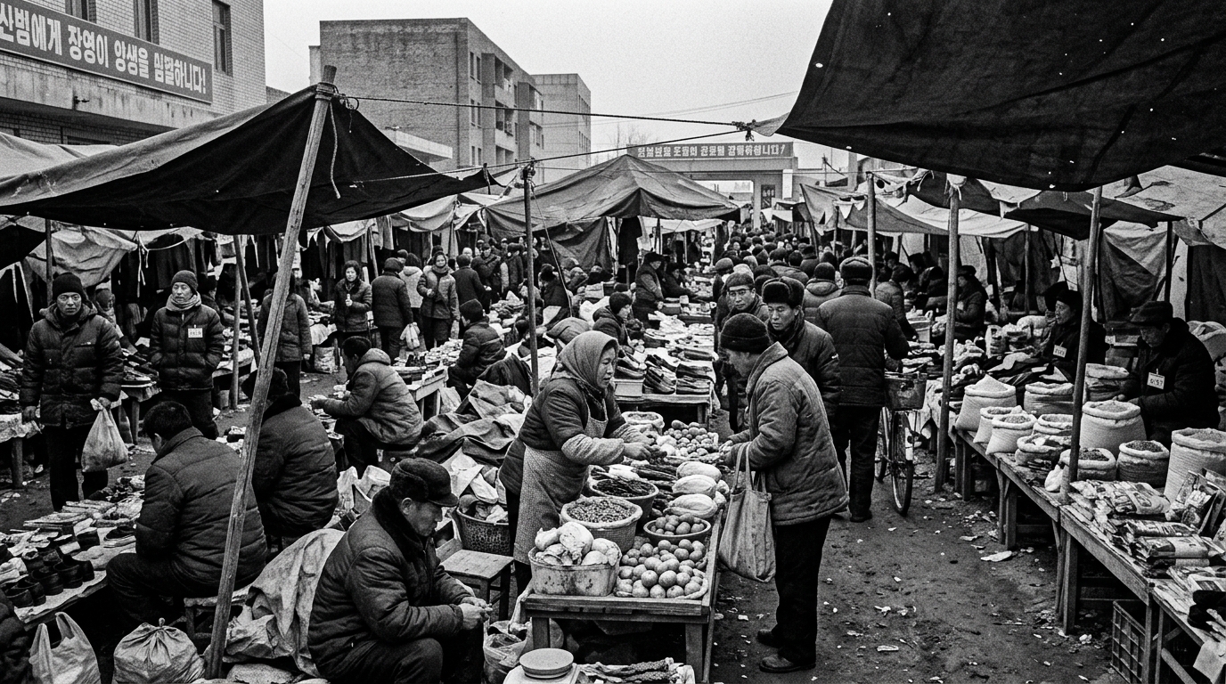 A grainy, black and white street scene in a North