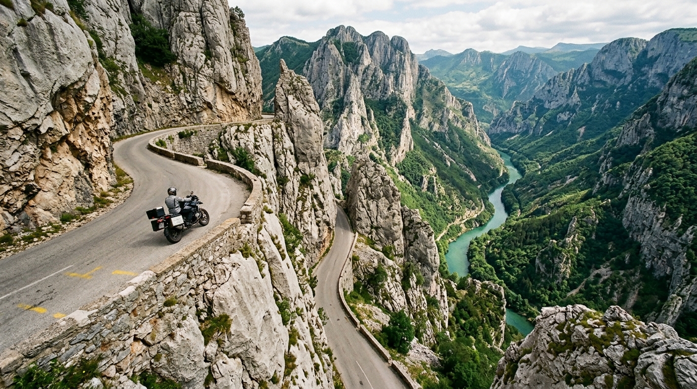 A dizzying, winding mountain road cutting through sheer limestone cliffs,