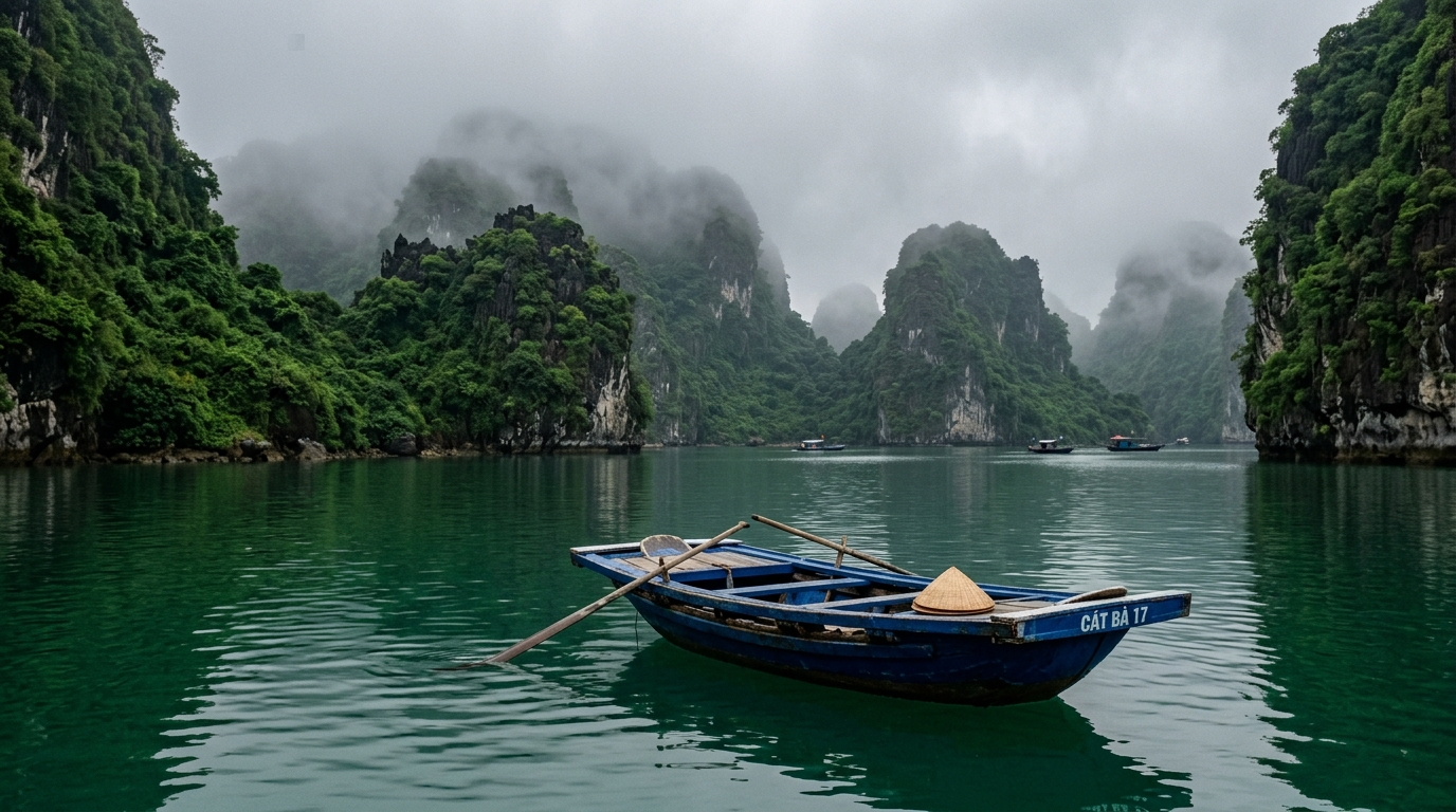 A wooden rowboat painted deep blue resting on emerald waters,