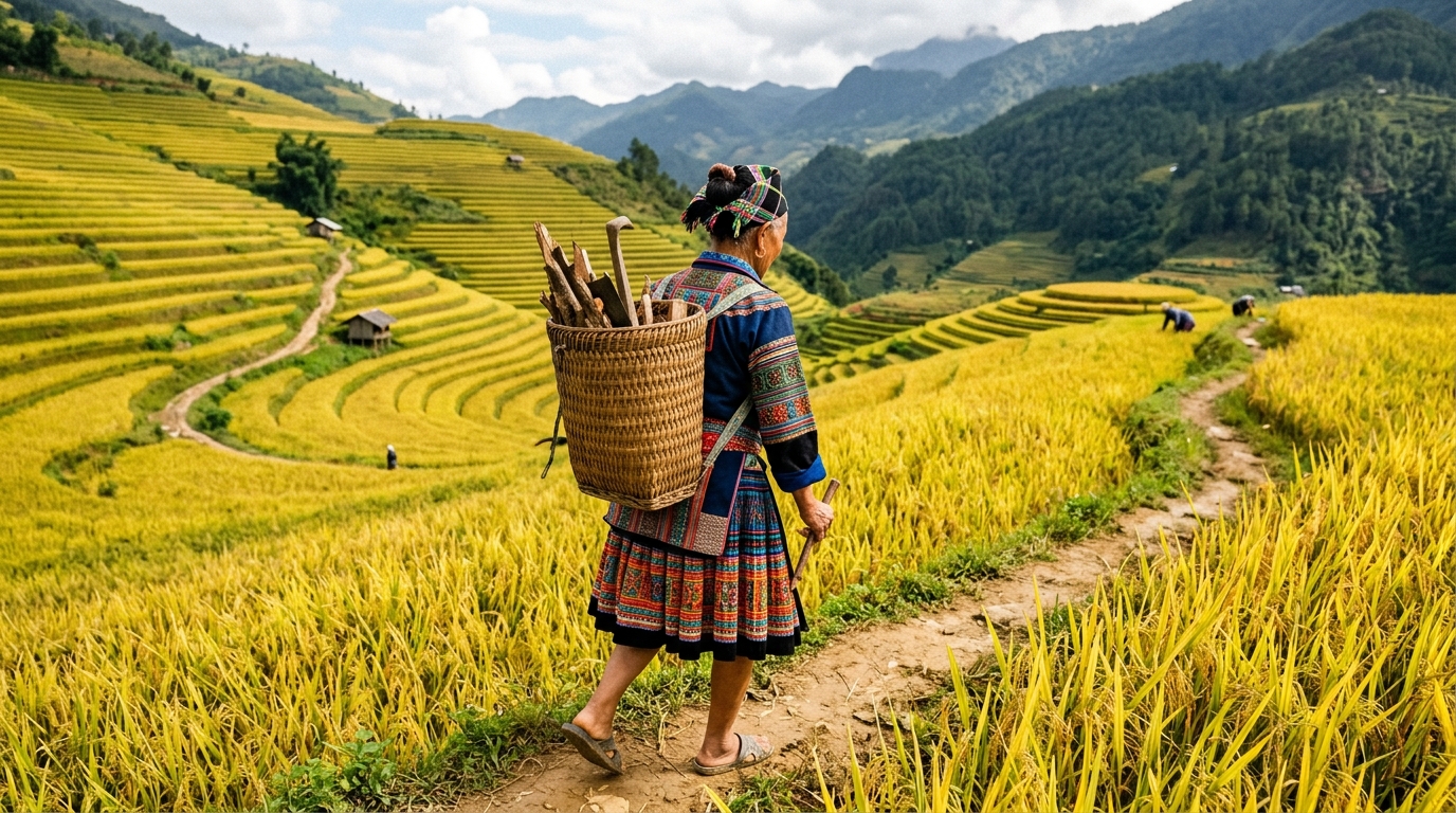 A local Hmong woman wearing an intricately embroidered, brightly colored