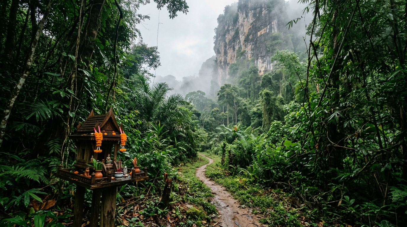A narrow dirt path cutting through dense, dark green jungle