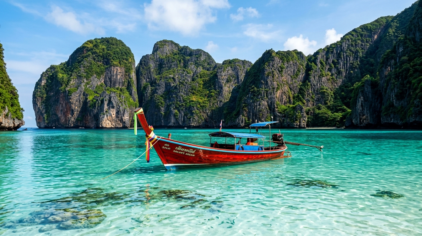 A wooden long-tail boat painted in bright red and blue,
