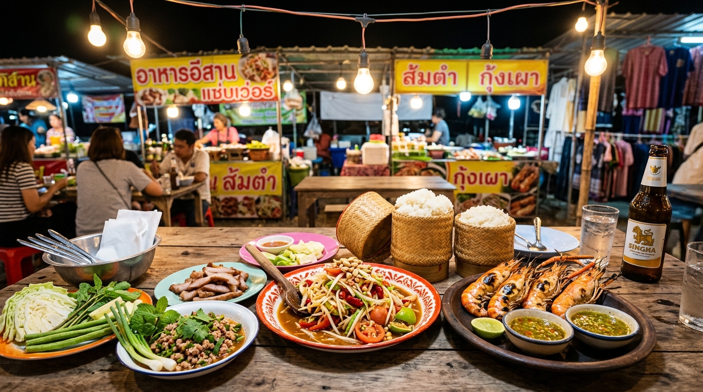 A wooden table at a rural night market illuminated by