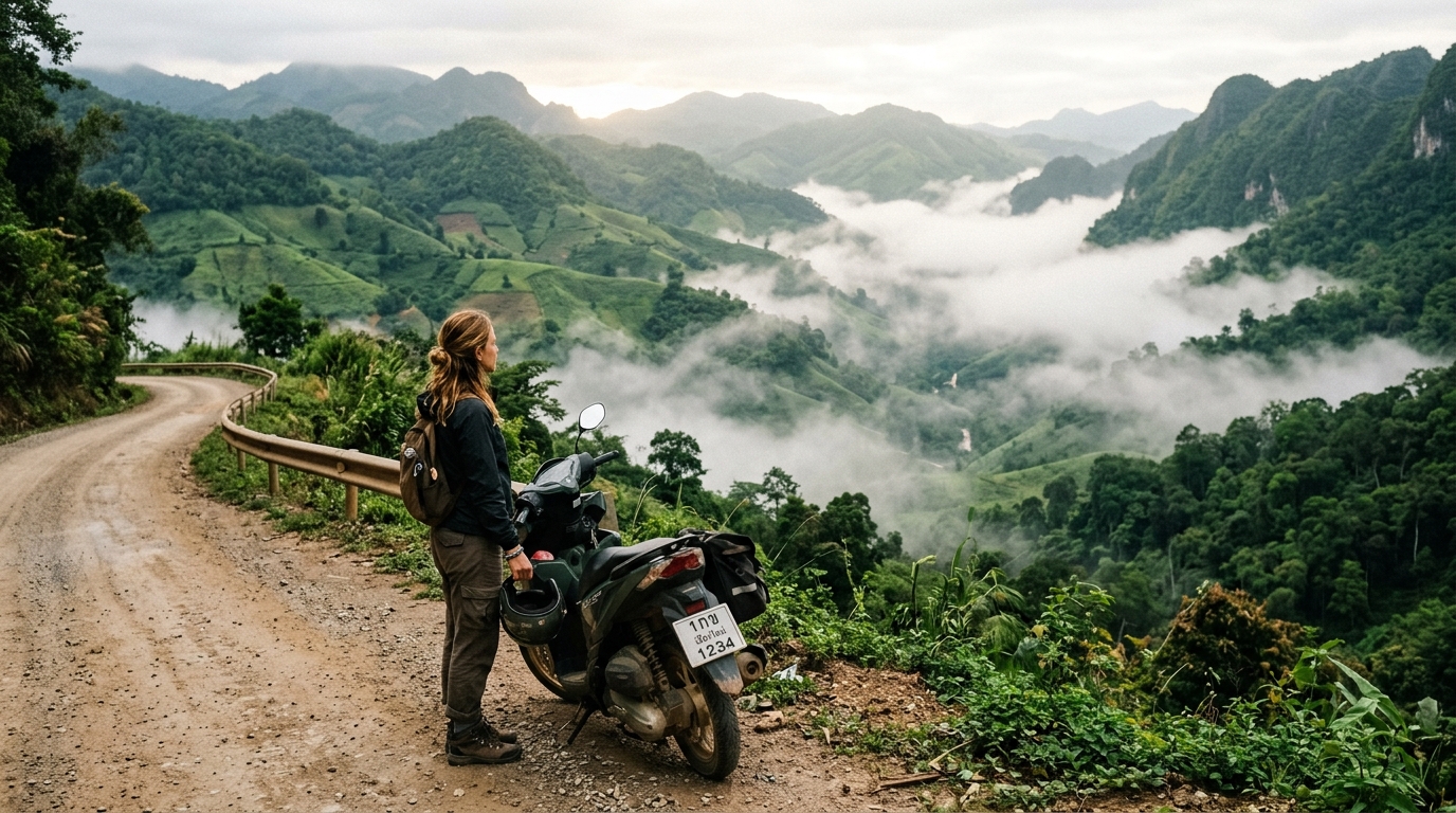 A solo traveler standing beside a rented scooter on a