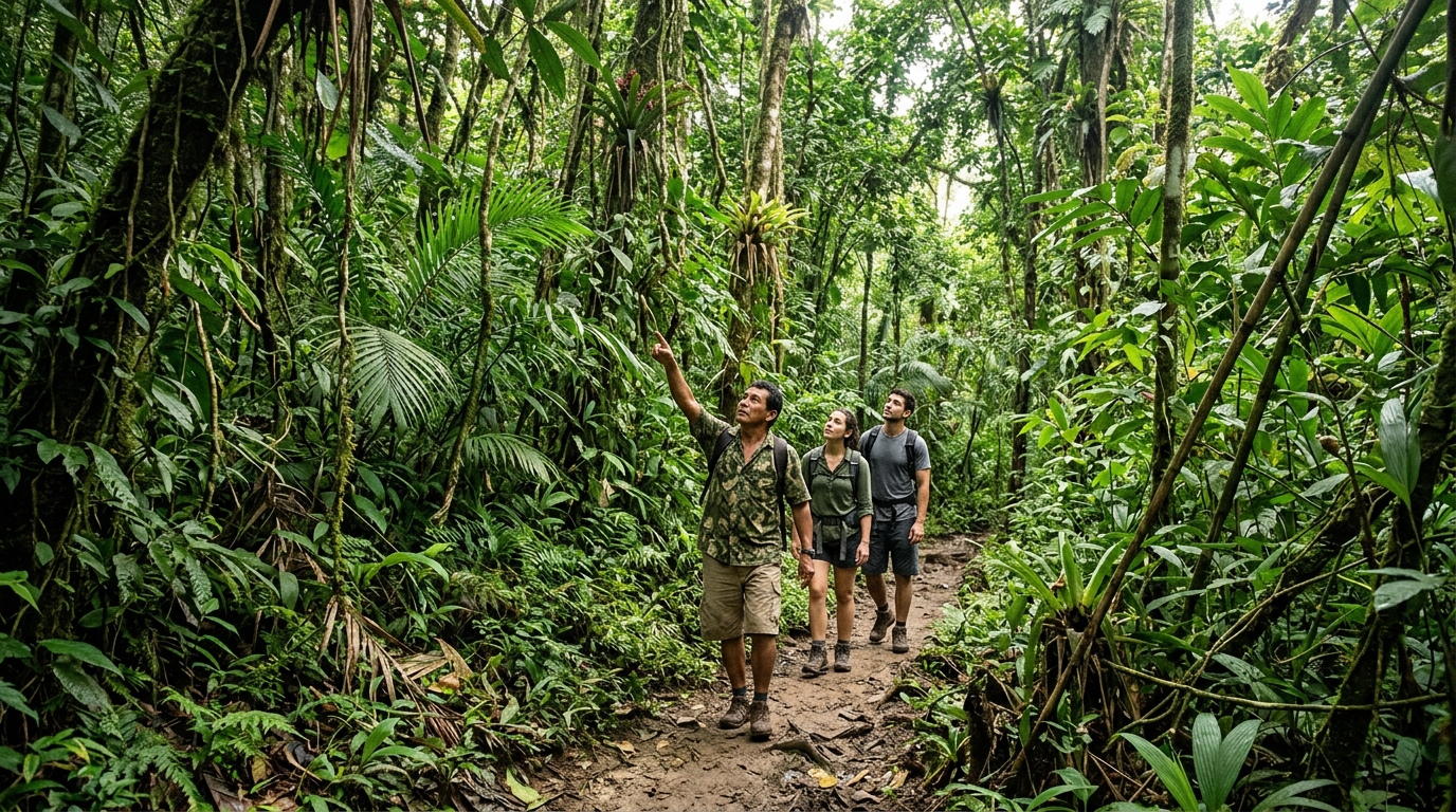 A narrow dirt trail cutting through incredibly dense, humid green