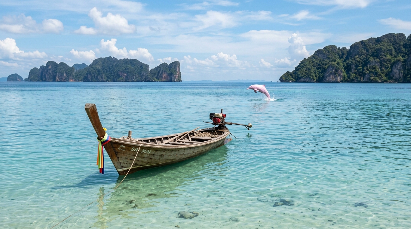 A simple wooden longtail boat floating on incredibly clear, calm