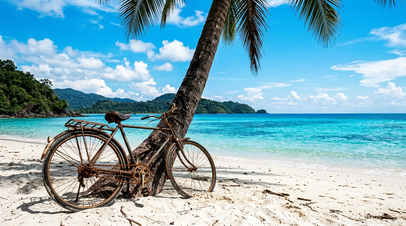 A rusty bicycle leaning against a palm tree on the