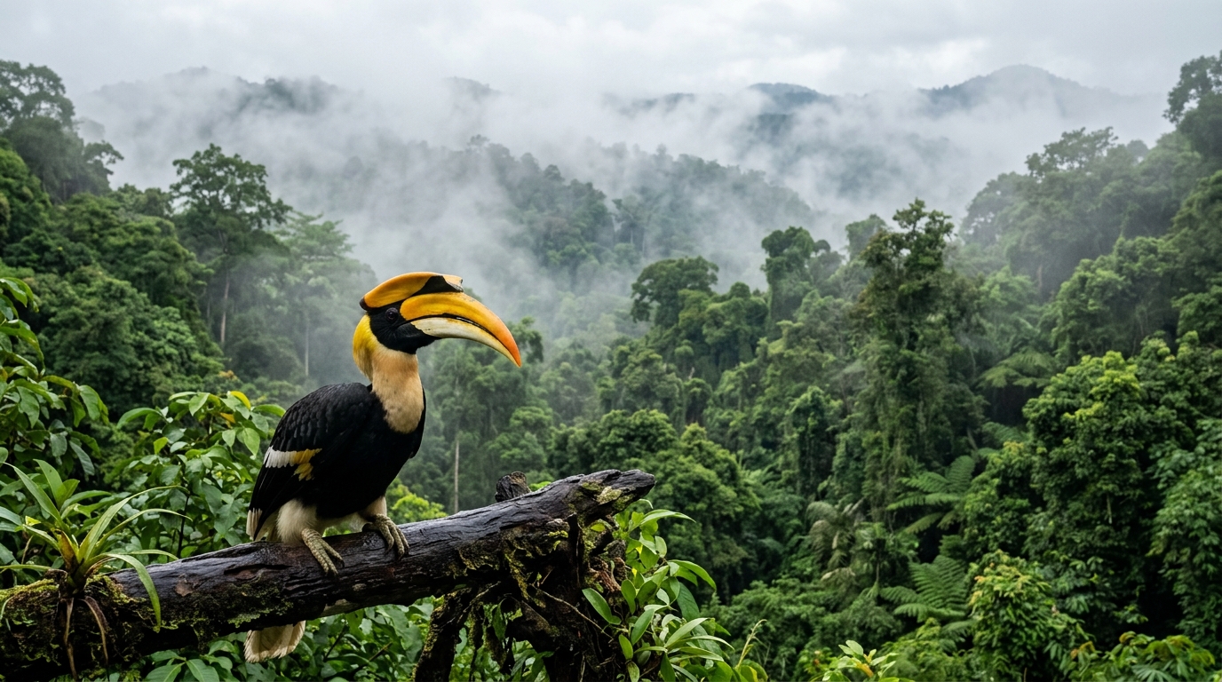 A dense, mist-covered green jungle canopy in Khao Yai National