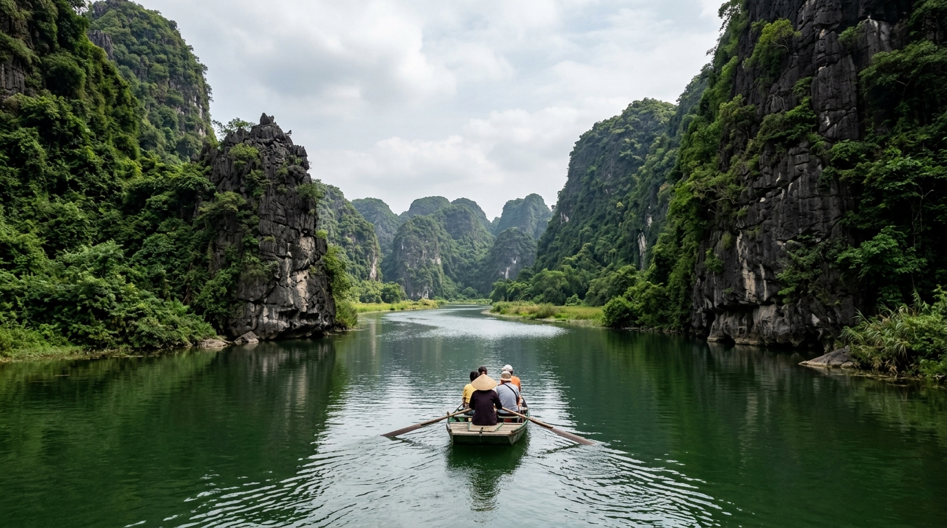 A wide shot of a small rowboat gliding down a