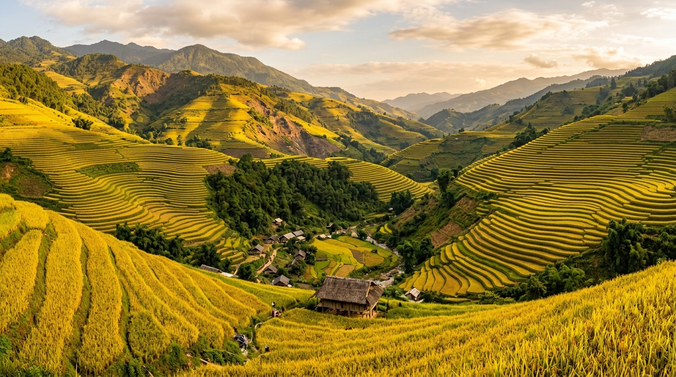 A sweeping panoramic view of the geometric rice terraces in
