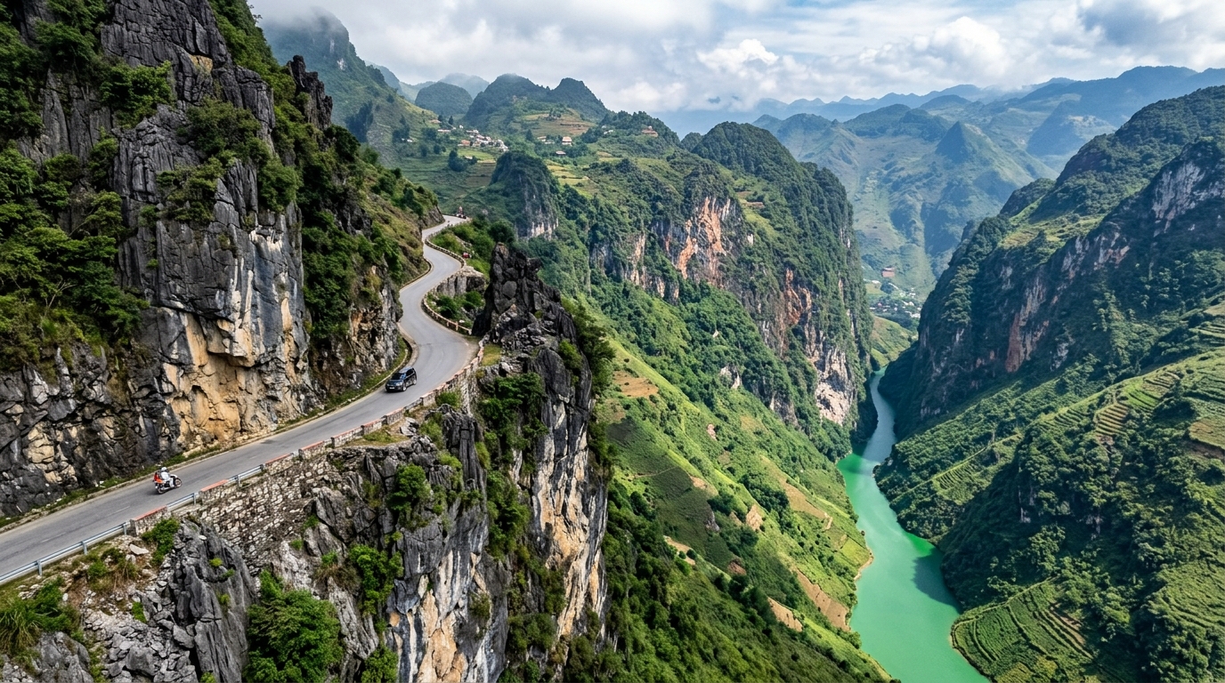 A narrow, winding mountain road clinging to a sheer cliff